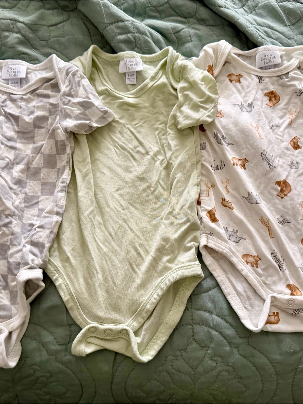 Three-Pack Little Ones Short-Sleeve Bodysuits - Pale Green & White